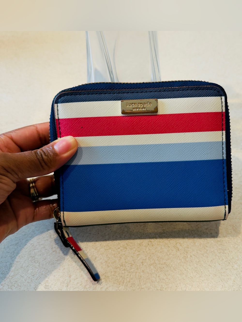 kate spade Striped Zip Wallet in Navy, Royal Blue, Light Blue, White & Red